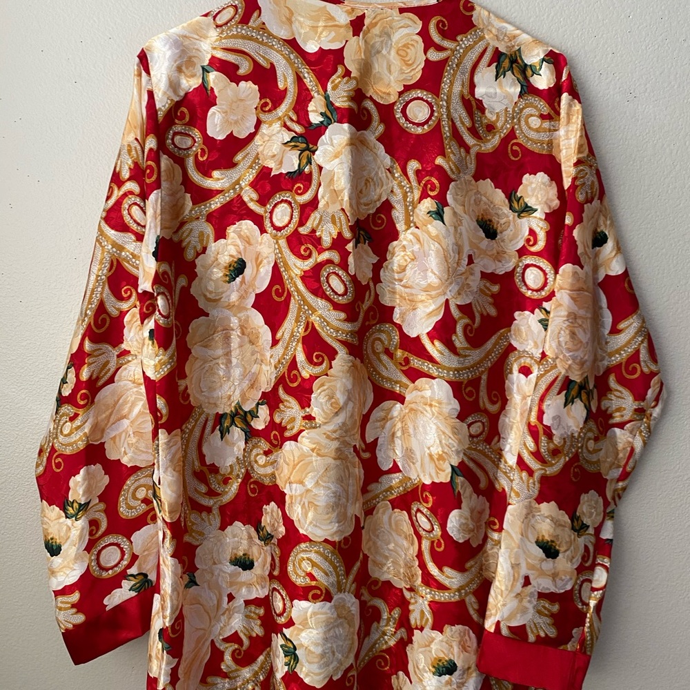 Red & White Roses Silky Robe Blouse VINTAGE - Picture 5 of 9